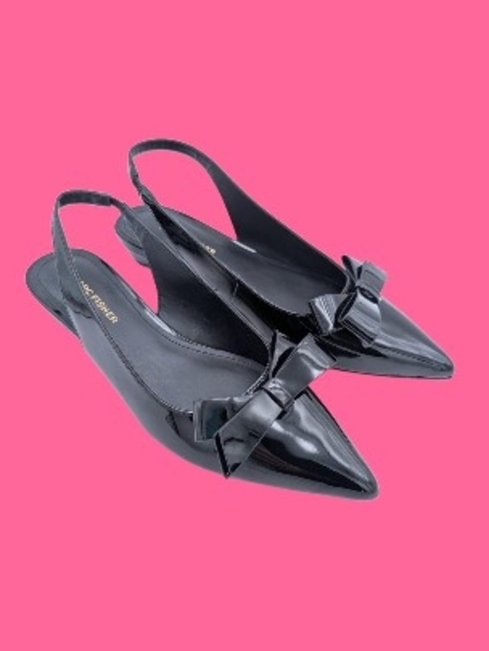Marc Fisher Black Patent Pointed-Toe Slingback Flats with Bow